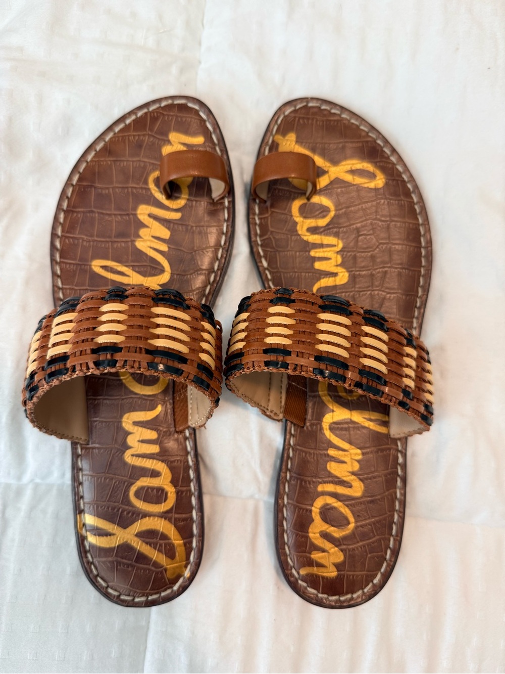 Sam Edelman Brown Woven Leather Slide Sandals with Tan and Black Accents